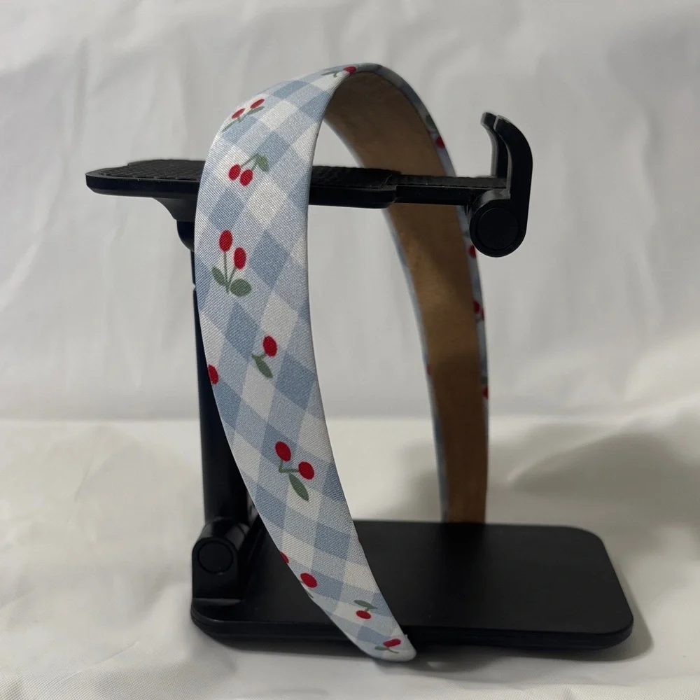 Blue Checkered Headband with Cherries
